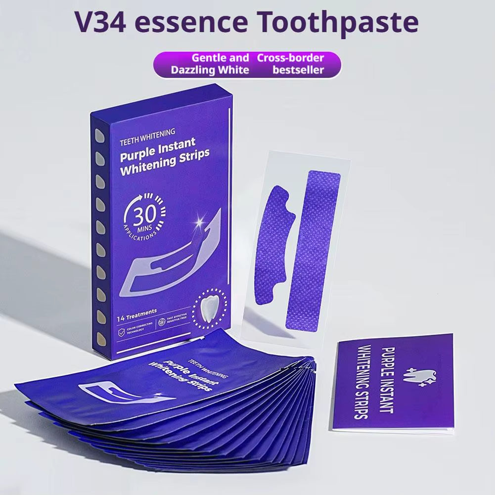 14 Pairs V34 Purple Teeth Whitening Strips - Instant Brightening Formula, Gentle Enamel-Safe Home Whitening Set
