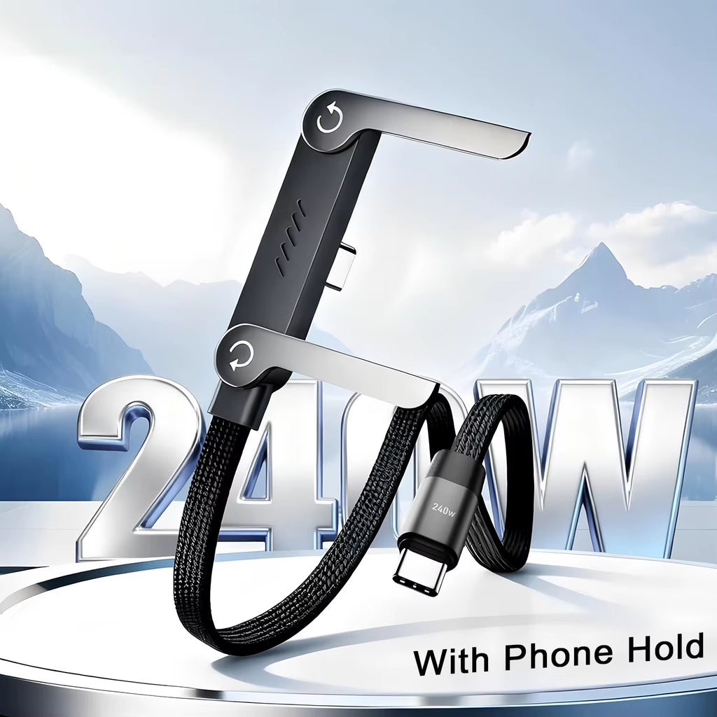 2-IN-1 Type-C Cable Foldable Mobile Phone Holder 240W Fast Charging Data Cable Multifunction Phone Charge Bracket Dual PD Cable