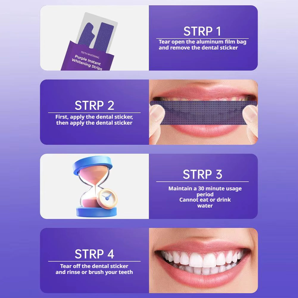 14 Pairs V34 Purple Teeth Whitening Strips - Instant Brightening Formula, Gentle Enamel-Safe Home Whitening Set