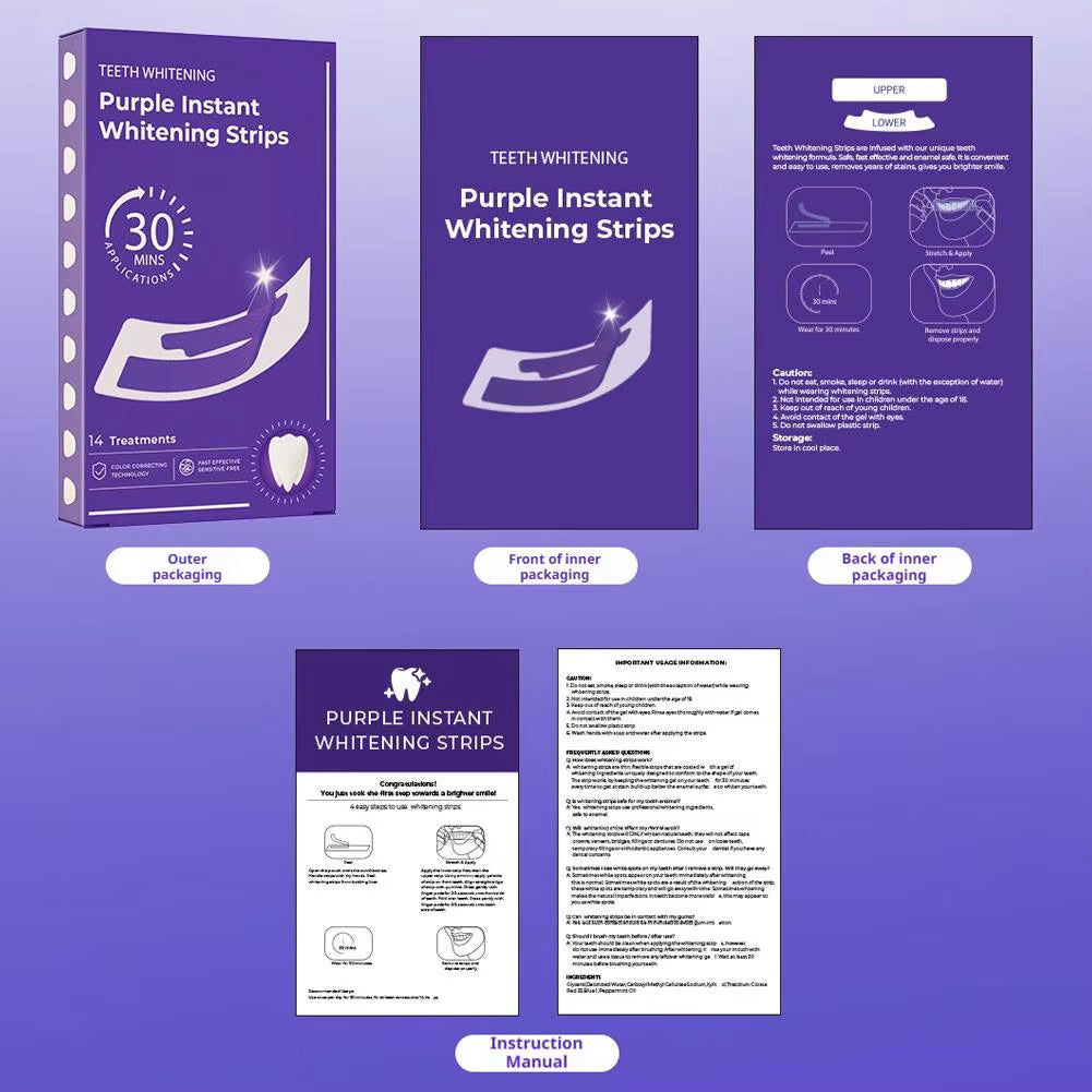 14 Pairs V34 Purple Teeth Whitening Strips - Instant Brightening Formula, Gentle Enamel-Safe Home Whitening Set