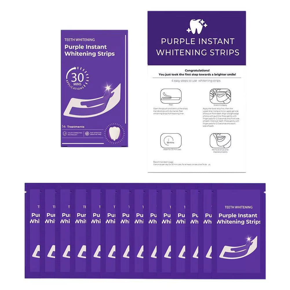 14 Pairs V34 Purple Teeth Whitening Strips - Instant Brightening Formula, Gentle Enamel-Safe Home Whitening Set