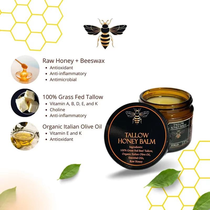 Organic Grass Fed Beef Tallow Balm with Raw Honey Moisturizing Cream for Soft Smooth Skin Handmade All-Natural Moisturizer Skin