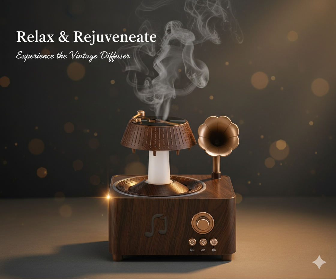Retro Gramophone Aroma Diffuser – Ambient Mist & LED Light